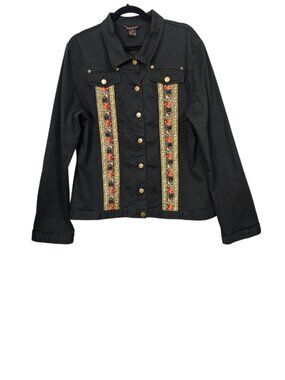 Francesca Rose Denim Black Embroidered Boho Jean Jacket Boho Floral Tapestry XL